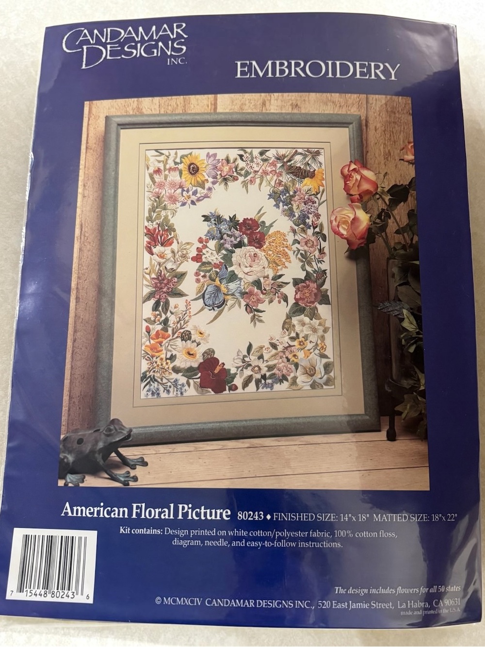 VTG 1994 Candamar Designs American Floral Picture Embroidery Kit 80243 NOS